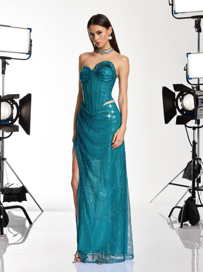 Gethan Strapless Rhinestone Mesh Maxi Dress