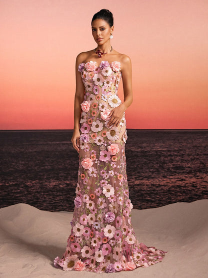 Gexila Strapless Flower Embroidered Maxi Dress
