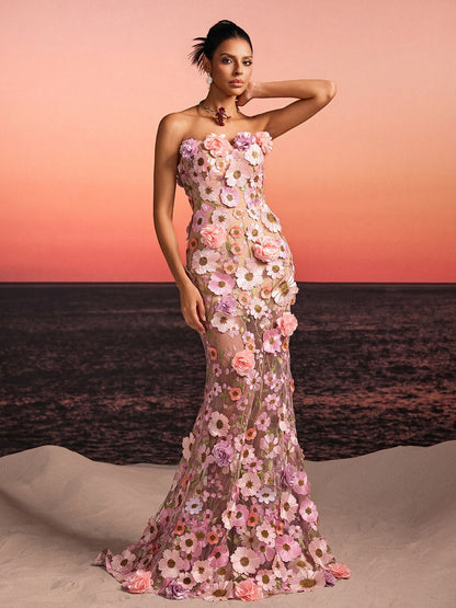 Gexila Strapless Flower Embroidered Maxi Dress