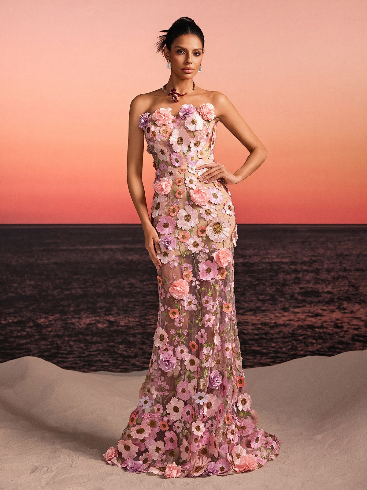 Gexila Strapless Flower Embroidered Maxi Dress