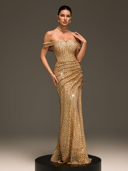 Glein Off Shoulder Sequin Split Maxi Dress