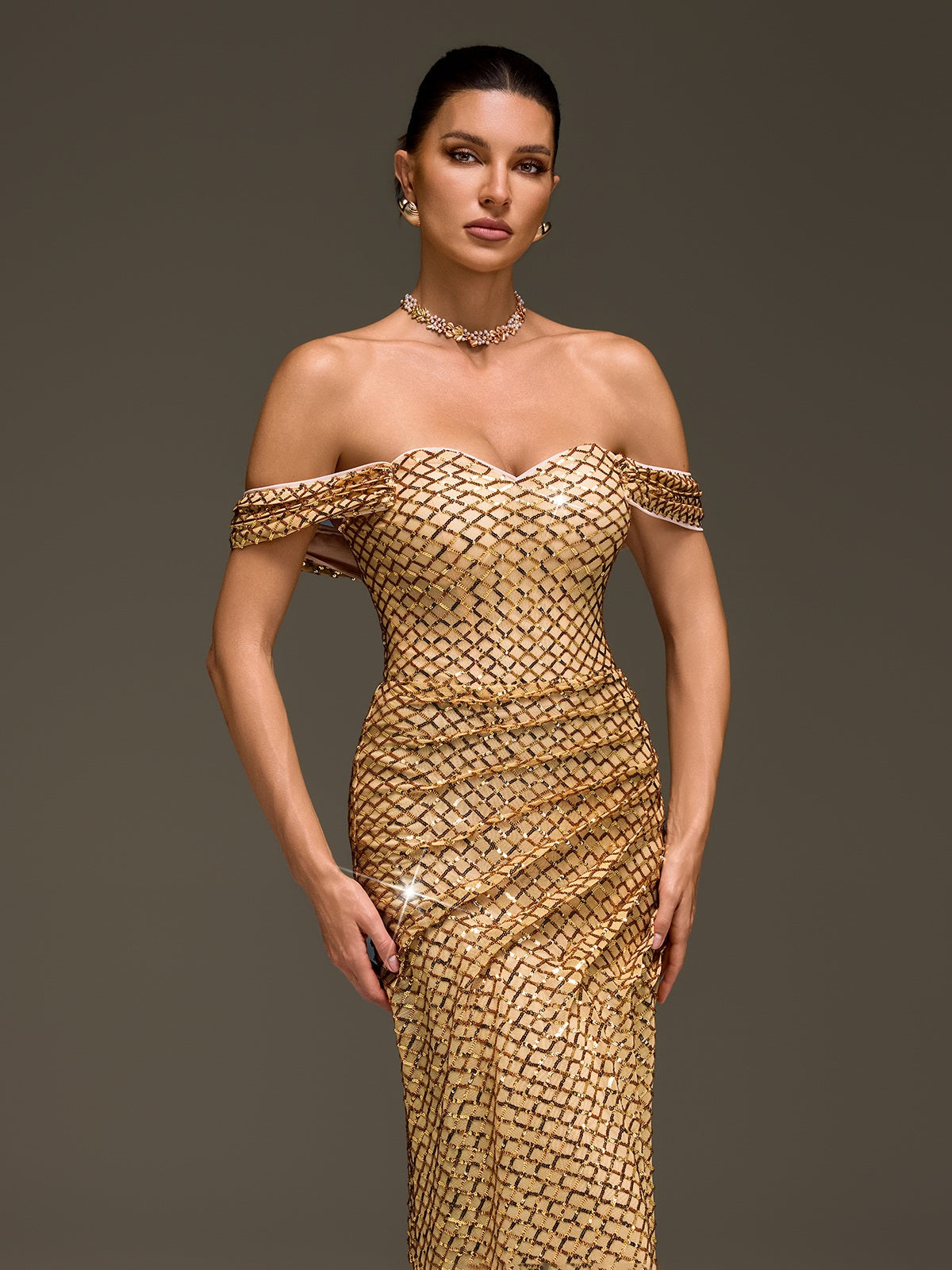 Glein Off Shoulder Sequin Split Maxi Dress