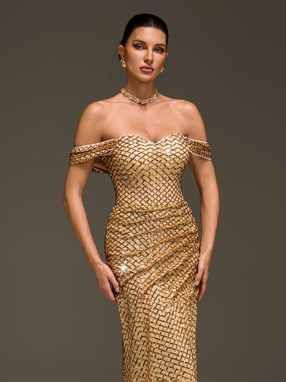 Glein Off Shoulder Sequin Split Maxi Dress