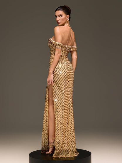 Glein Off Shoulder Sequin Split Maxi Dress