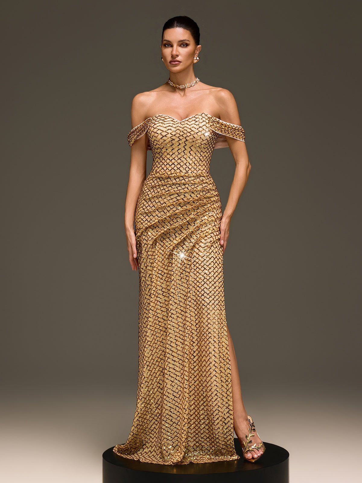 Glein Off Shoulder Sequin Split Maxi Dress