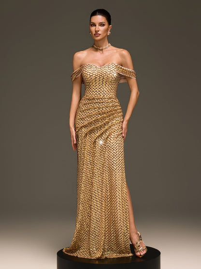 Glein Off Shoulder Sequin Split Maxi Dress