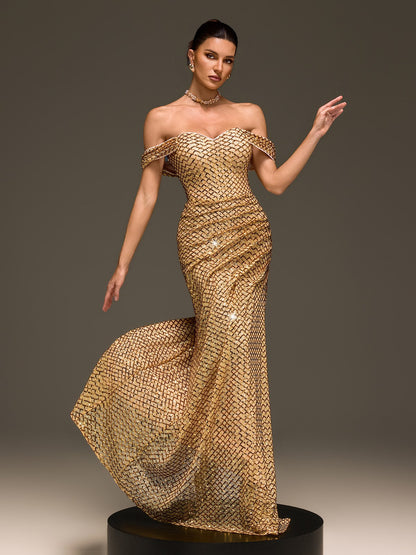 Glein Off Shoulder Sequin Split Maxi Dress