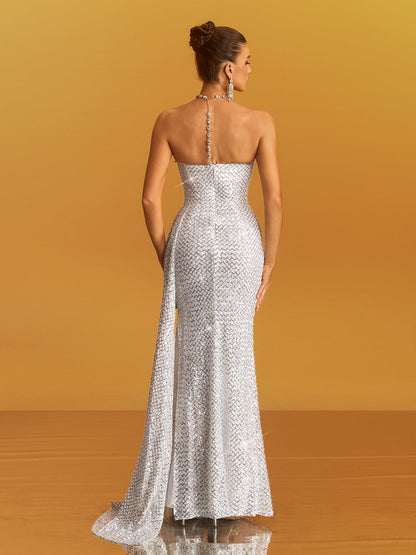 Glein Strapless Ruched Sequin Maxi Dress In White