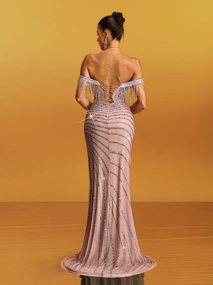 Grabrol Off Shoulder Fringe Diamond Split Maxi Dress