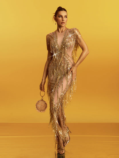 Grabrola Fringe Sequin Crystal Maxi Dress In Gold