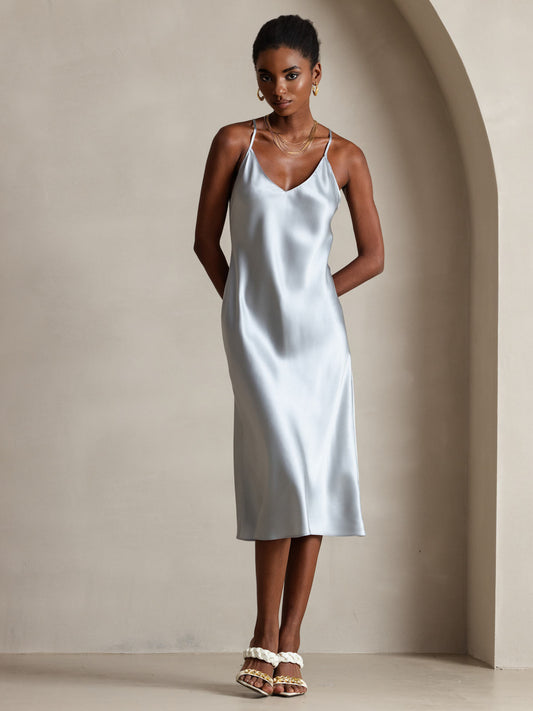 Rosstef Mulberry Silk Spaghetti Strap V Neck Midi Dress
