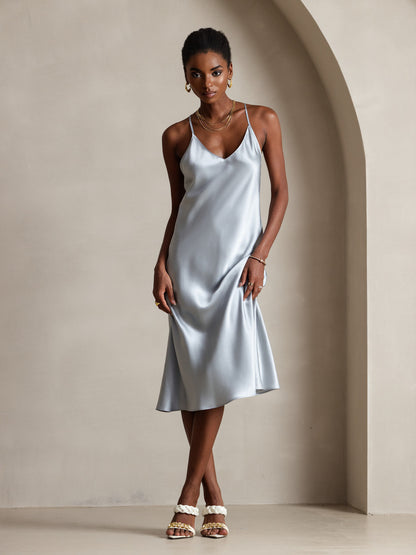 Rosstef Mulberry Silk Spaghetti Strap V Neck Midi Dress