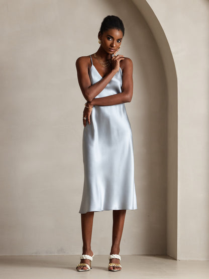 Rosstef Mulberry Silk Spaghetti Strap V Neck Midi Dress