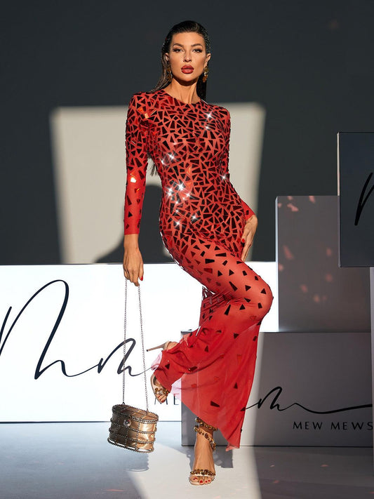Rosstef Akıllı Long Sleeve Mesh Maxi Gown