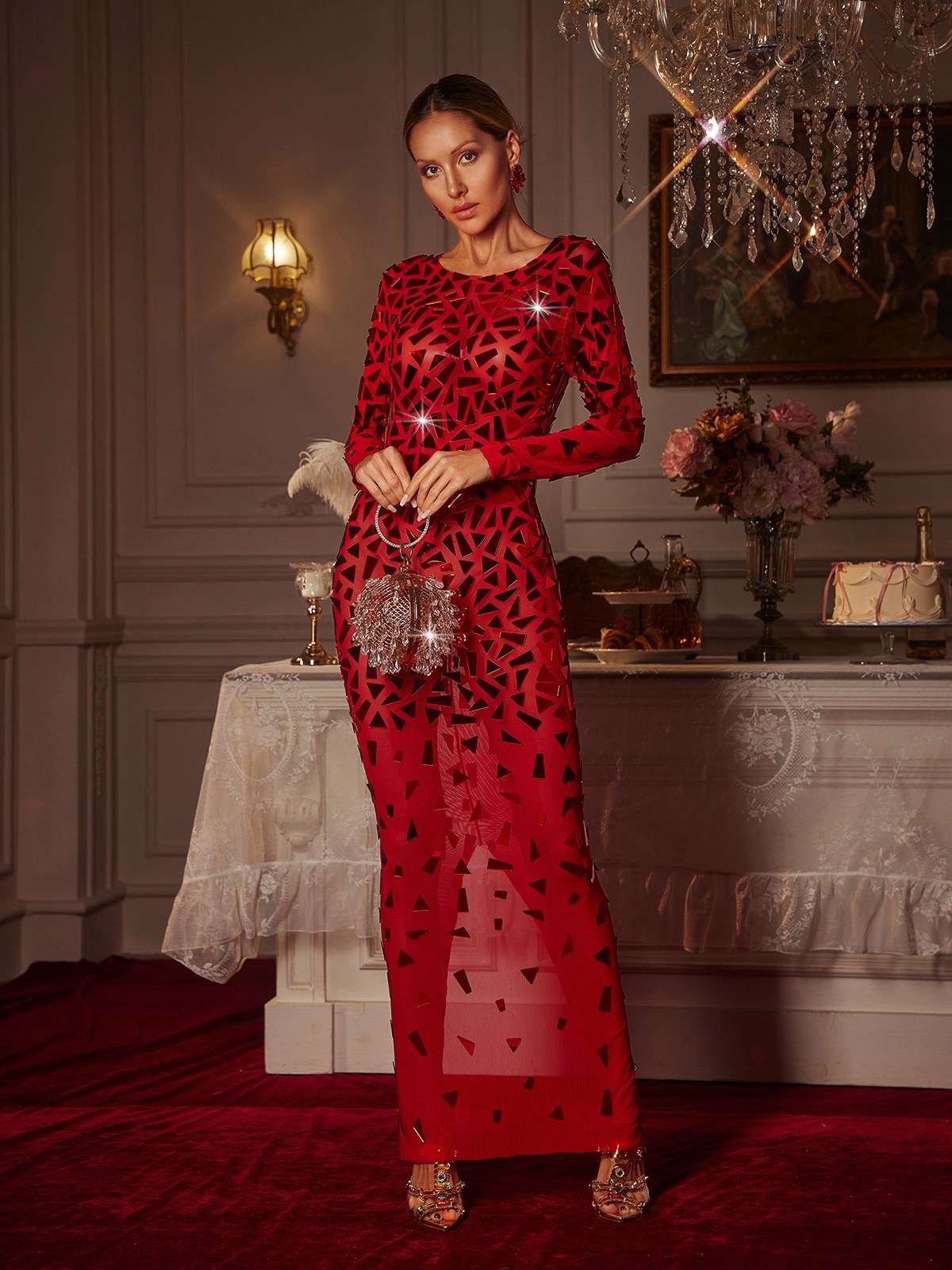 Guthrie Long Sleeve Acrylic Mesh Maxi Dress