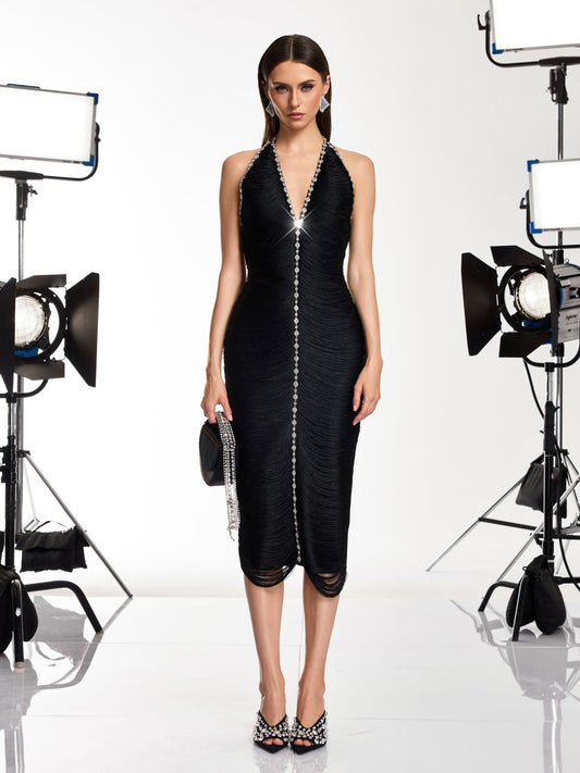 Rosstef V Neck Fringe Rhinestone Midi Dress - Glamorous Cocktail Gown