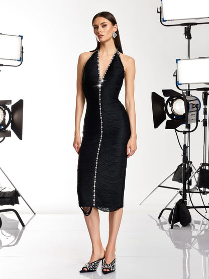 Rosstef V Neck Fringe Rhinestone Midi Dress - Glamorous Cocktail Gown