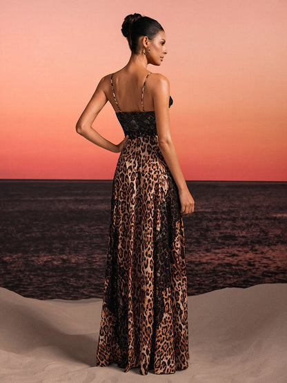 Halyra Sleeveless Lace Leopard Maxi Dress