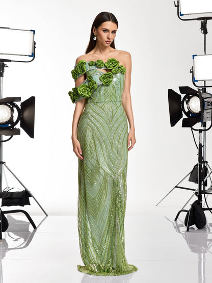 Havro Flower Sequin Rhinestone Maxi Dress