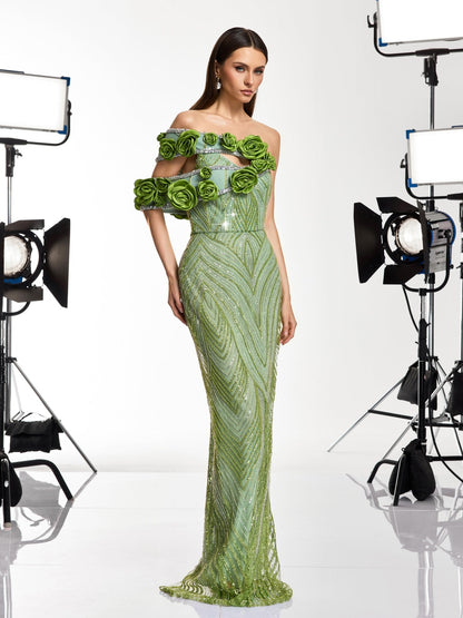 Havro Flower Sequin Rhinestone Maxi Dress