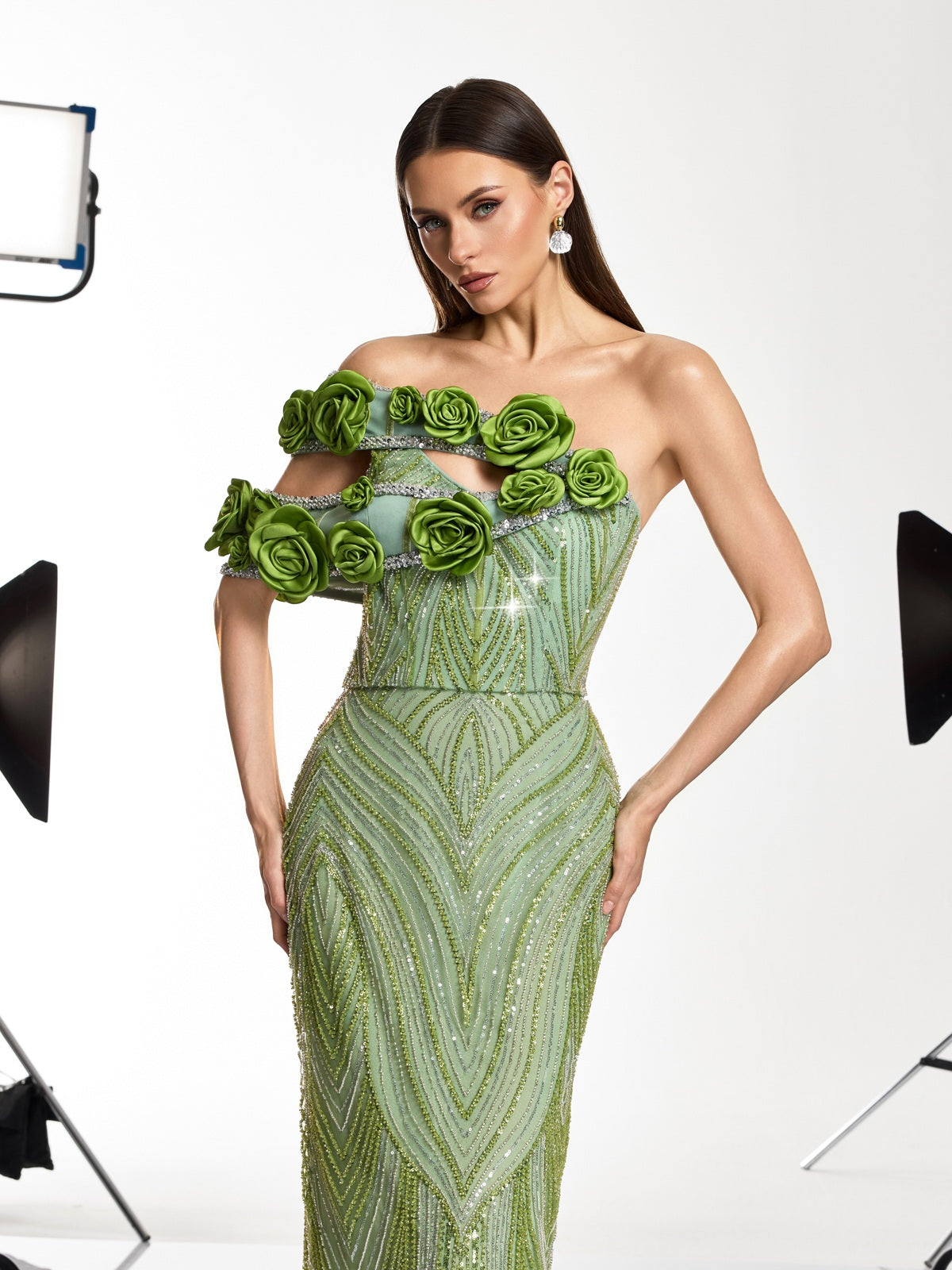 Havro Flower Sequin Rhinestone Maxi Dress