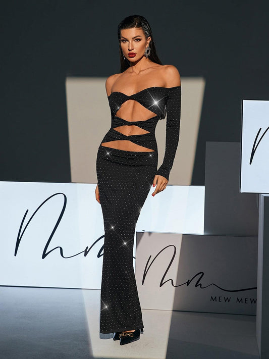 Rosstef Hedwig Off Shoulder Rhinestone Maxi Dress