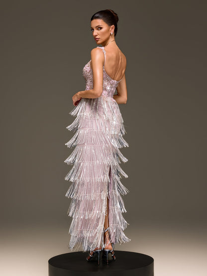 Heldris Fringe Sequin Flower Maxi Dress