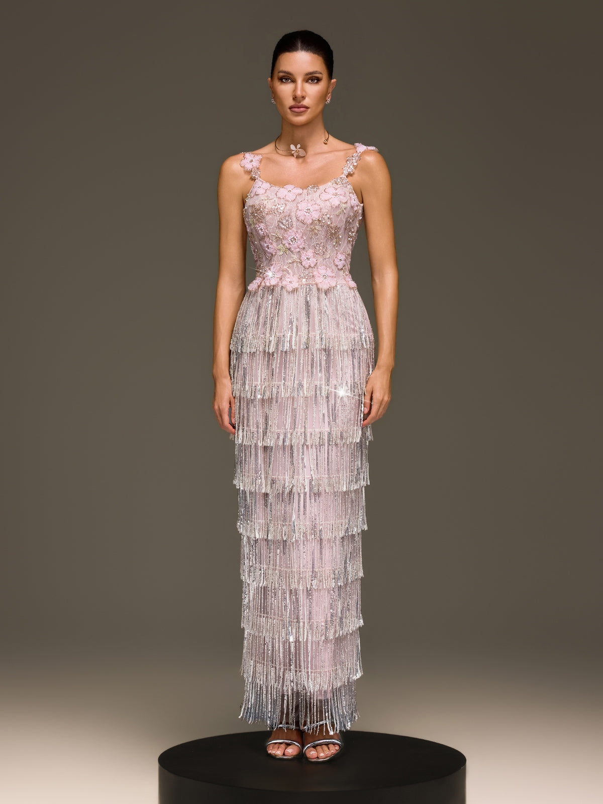 Heldris Fringe Sequin Flower Maxi Dress