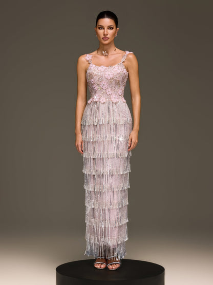 Heldris Fringe Sequin Flower Maxi Dress
