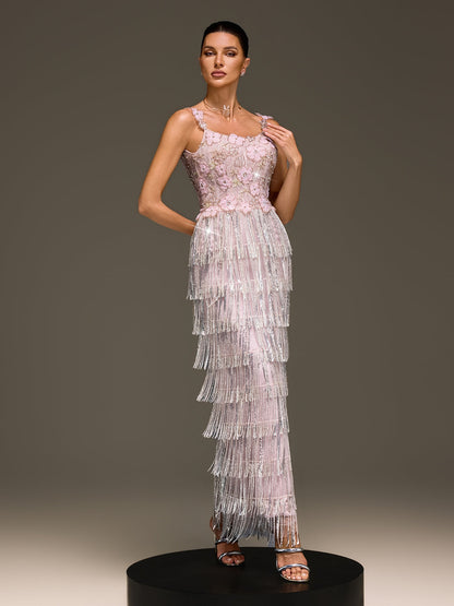 Heldris Fringe Sequin Flower Maxi Dress