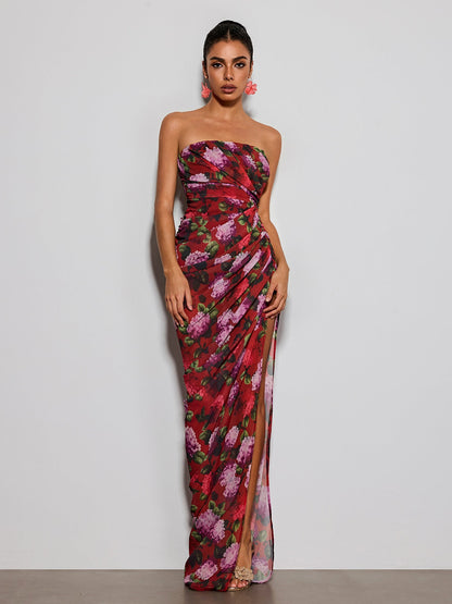 Helqyn Strapless Floral Split Maxi Dress