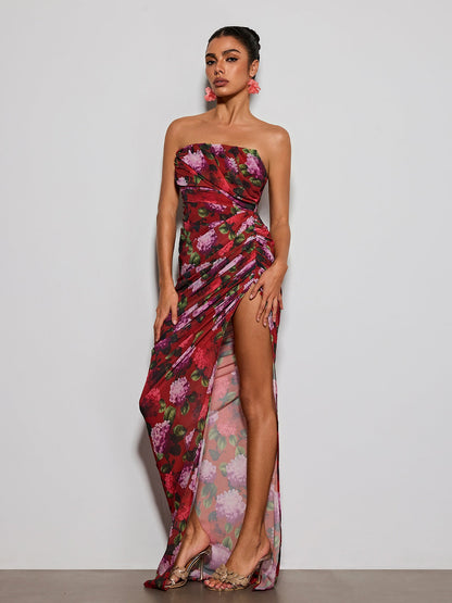 Helqyn Strapless Floral Split Maxi Dress