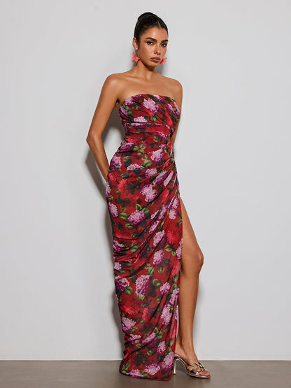 Helqyn Strapless Floral Split Maxi Dress