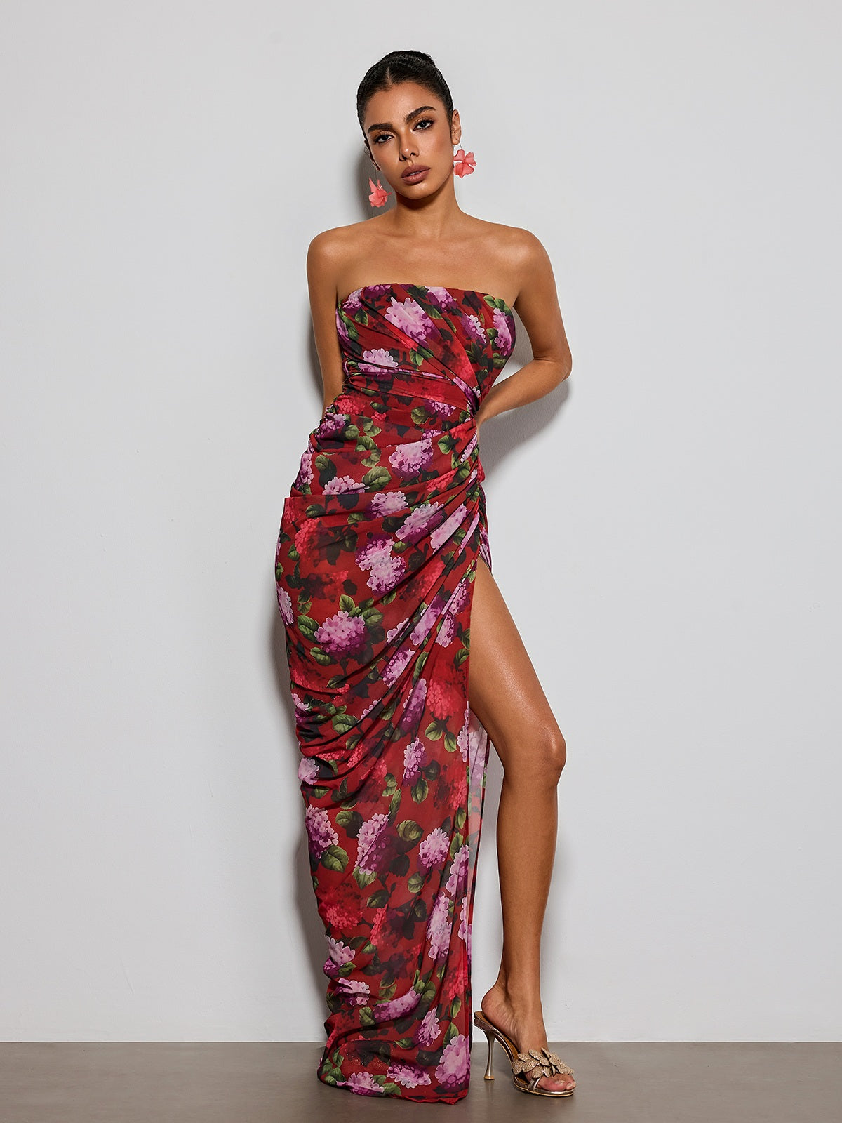 Helqyn Strapless Floral Split Maxi Dress