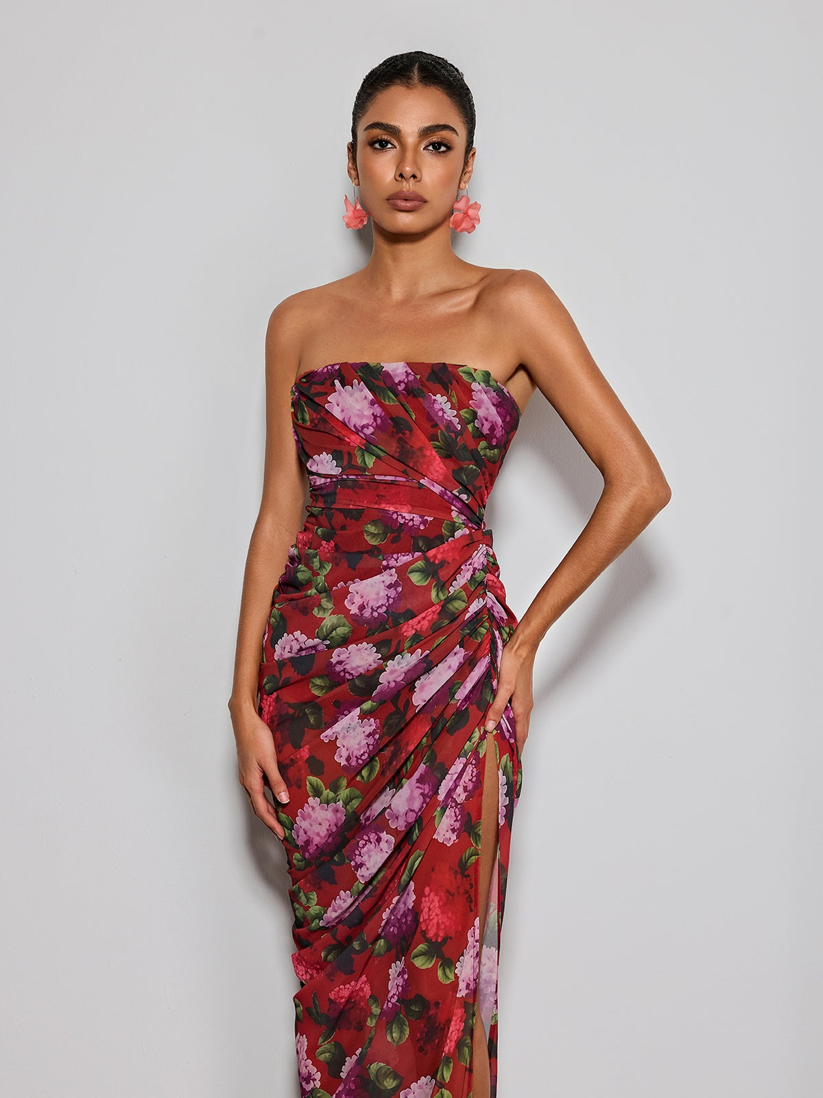 Helqyn Strapless Floral Split Maxi Dress