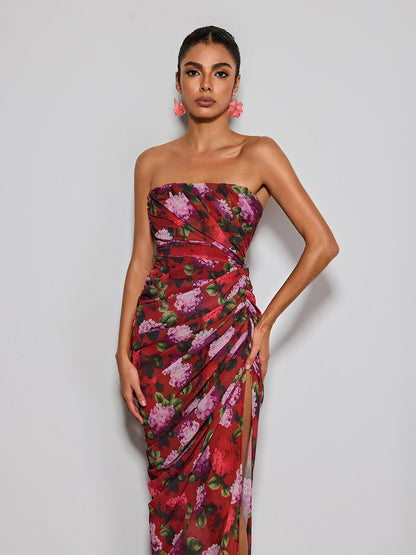 Helqyn Strapless Floral Split Maxi Dress