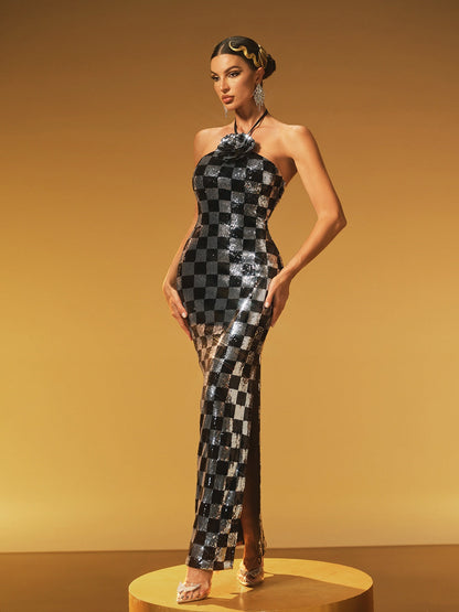 Hexar Halterneck Flower Sequin Maxi Dress