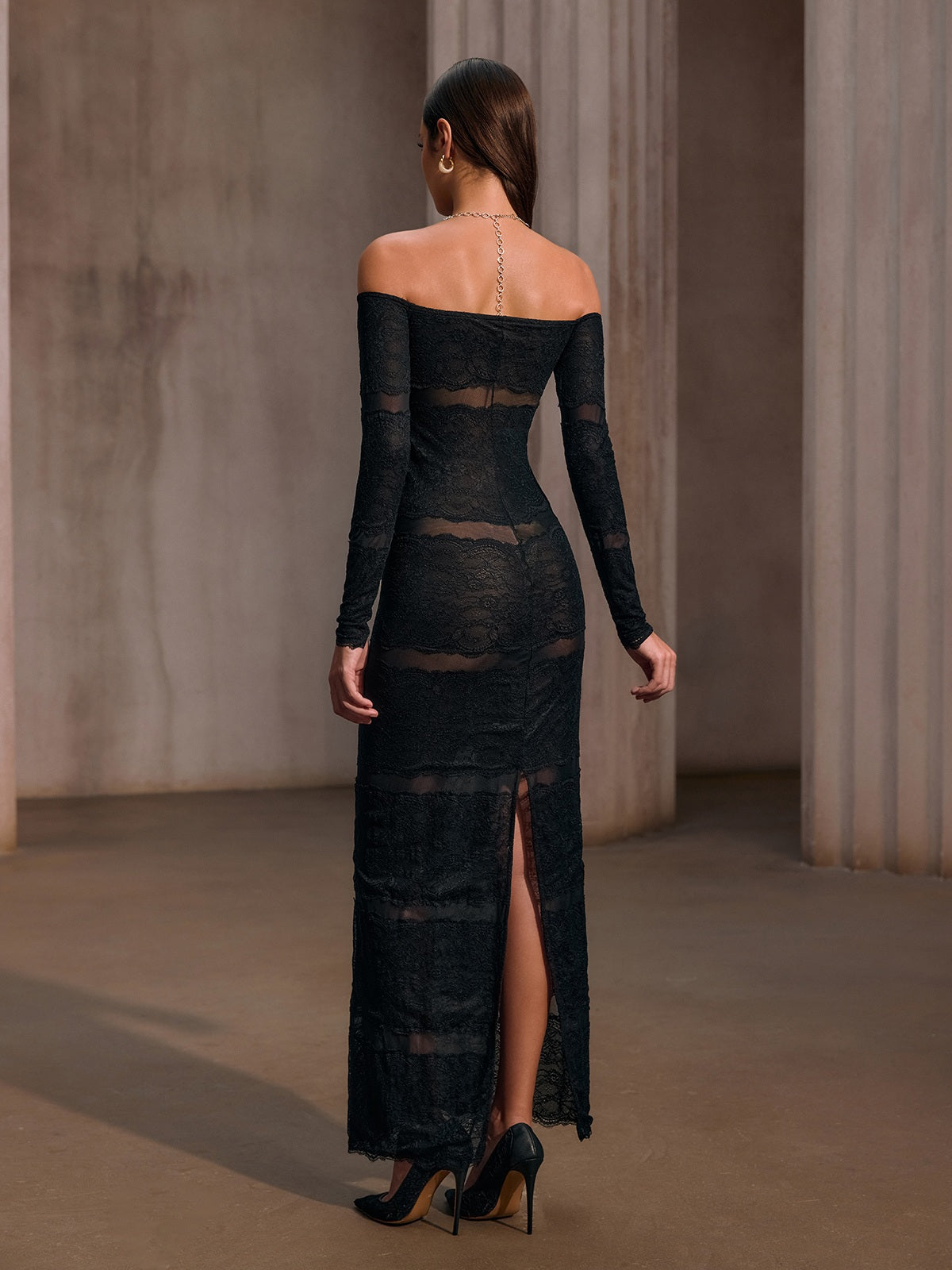 Rosstef Off Shoulder Mesh Lace Maxi Dress - Kadınların Geceleri