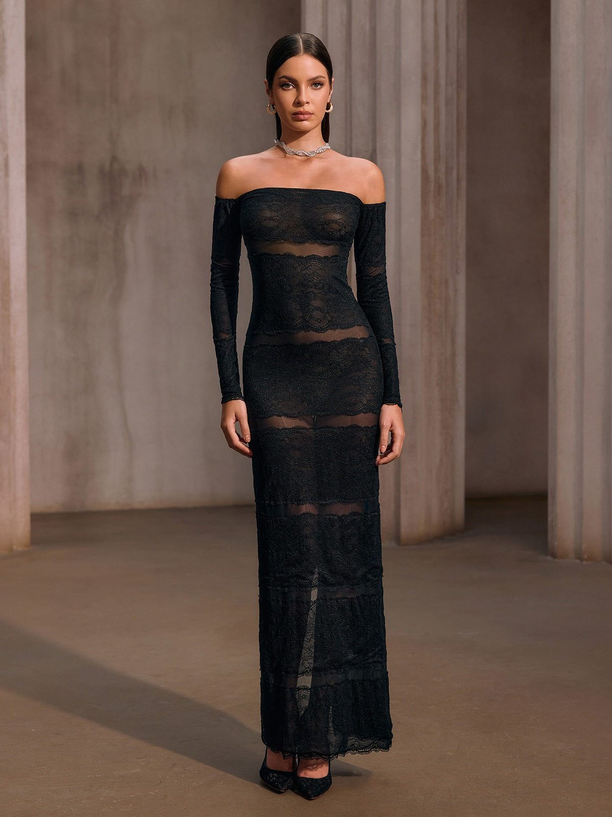 Rosstef Off Shoulder Mesh Lace Maxi Dress - Kadınların Geceleri