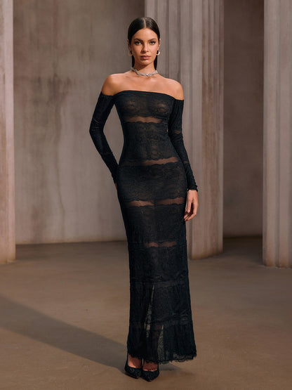 Rosstef Off Shoulder Mesh Lace Maxi Dress - Kadınların Geceleri
