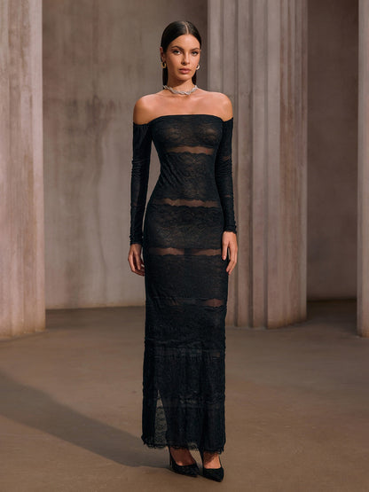 Rosstef Off Shoulder Mesh Lace Maxi Dress - Kadınların Geceleri