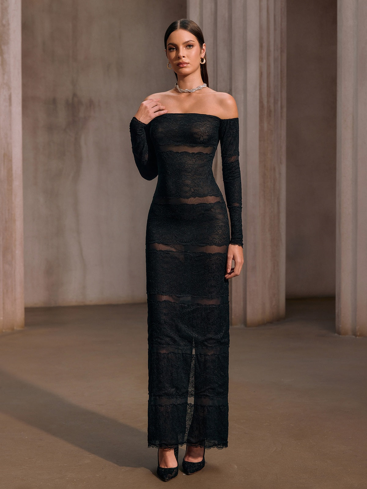 Rosstef Off Shoulder Mesh Lace Maxi Dress - Kadınların Geceleri