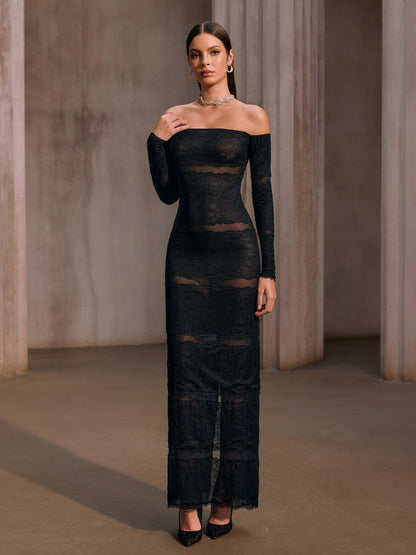 Rosstef Off Shoulder Mesh Lace Maxi Dress - Kadınların Geceleri