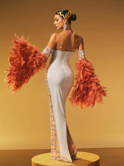 Hyrix Feather Bell Sleeve Embellished Maxi Dress