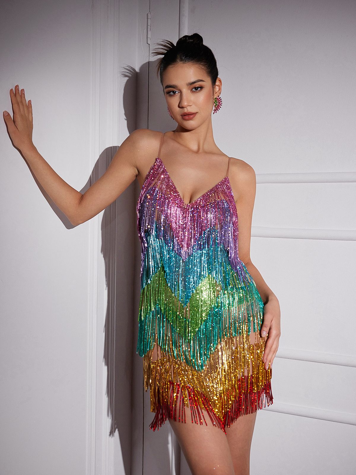 Rosstef Indy V Neck Rainbow Crystal Fringe Mini Dress