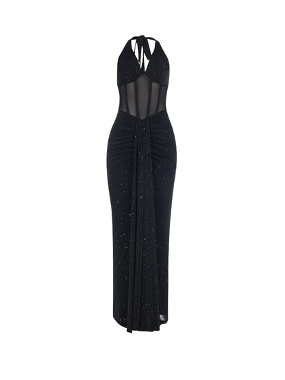 Ioryxa Halterneck Glitter Mesh Maxi Dress