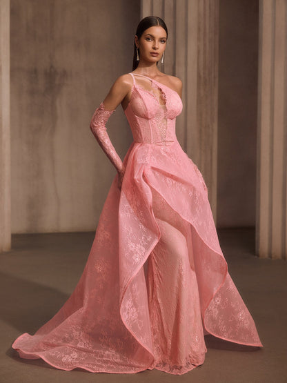 Ioryxel Lace Corset Flared Maxi Dress With Gloves
