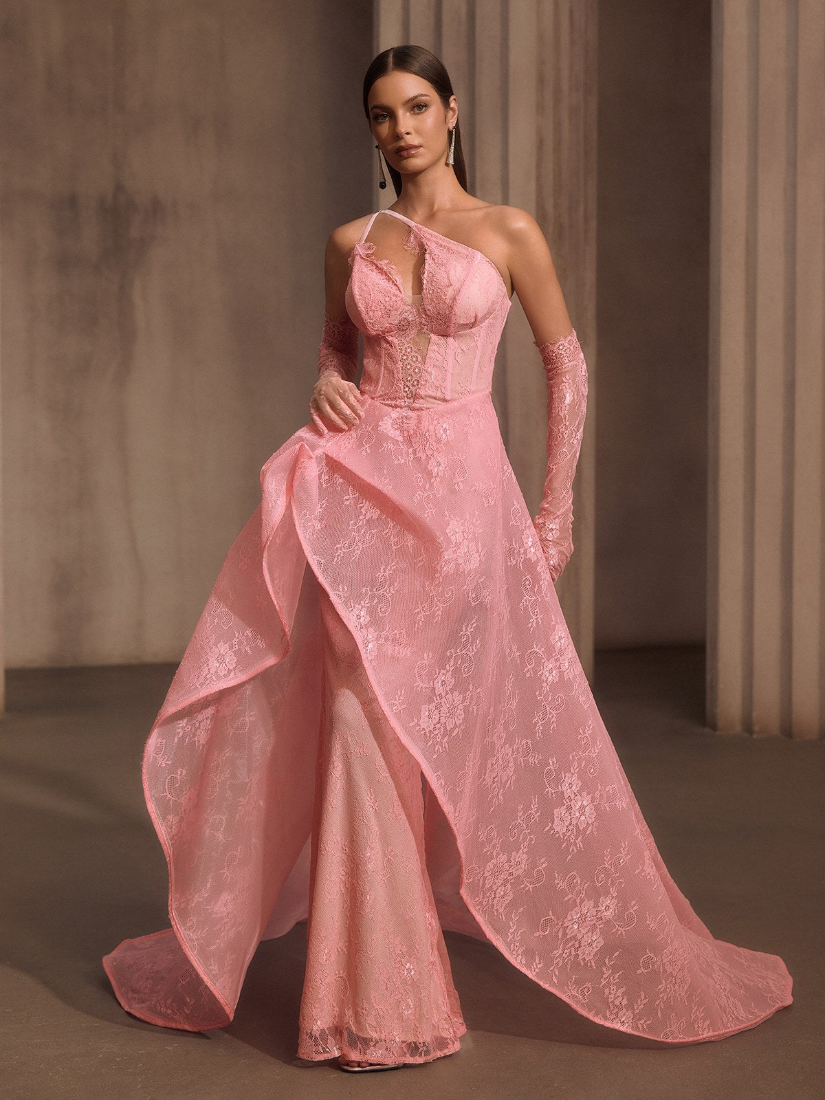 Ioryxel Lace Corset Flared Maxi Dress With Gloves