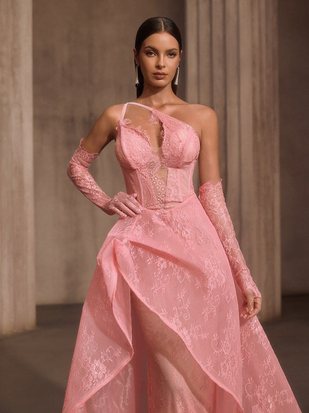 Ioryxel Lace Corset Flared Maxi Dress With Gloves