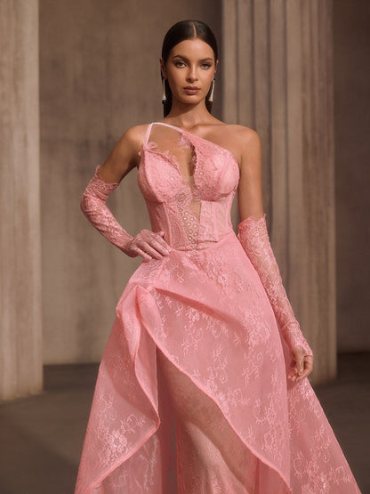 Ioryxel Lace Corset Flared Maxi Dress With Gloves